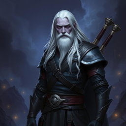 A 35-year-old male Shadar-Kai Hexblade Warlock, embodying a strong and masculine presence with long, flowing white hair and a distinguished short white beard that adds to his character
