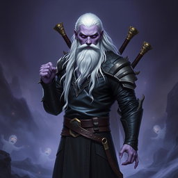 A 35-year-old male Shadar-Kai Hexblade Warlock, embodying a strong and masculine presence with long, flowing white hair and a distinguished short white beard that adds to his character