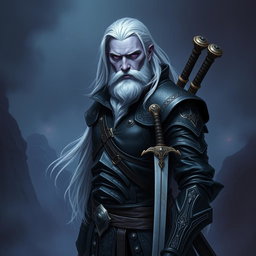 A 35-year-old male Shadar-Kai Hexblade Warlock, embodying a strong and masculine presence with long, flowing white hair and a distinguished short white beard that adds to his character