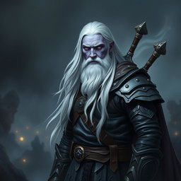 A 35-year-old male Shadar-Kai Hexblade Warlock, embodying a strong and masculine presence with long, flowing white hair and a distinguished short white beard that adds to his character
