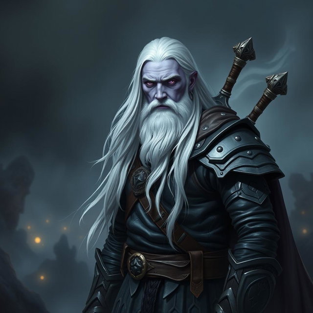 A 35-year-old male Shadar-Kai Hexblade Warlock, embodying a strong and masculine presence with long, flowing white hair and a distinguished short white beard that adds to his character