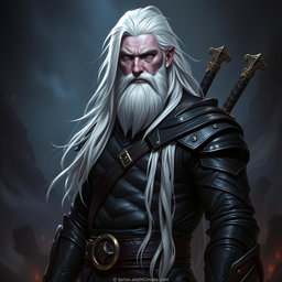 A 35-year-old male Shadar-Kai Hexblade Warlock, embodying a strong and masculine presence with long, flowing white hair and a distinguished short white beard that enhances his character