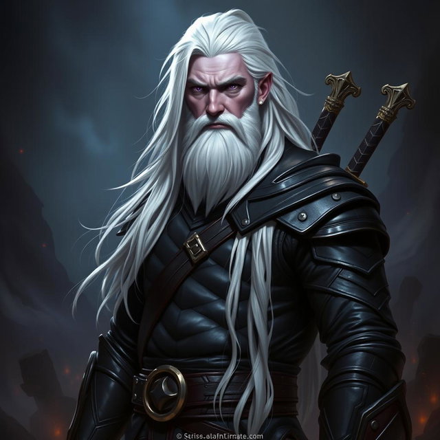 A 35-year-old male Shadar-Kai Hexblade Warlock, embodying a strong and masculine presence with long, flowing white hair and a distinguished short white beard that enhances his character
