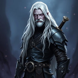 A 35-year-old male Shadar-Kai Hexblade Warlock, embodying a strong and masculine presence with long, flowing white hair and a distinguished short white beard that enhances his character