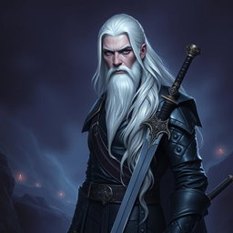 A 35-year-old male Shadar-Kai Hexblade Warlock, embodying a strong and masculine presence with long, flowing white hair and a distinguished short white beard that enhances his character