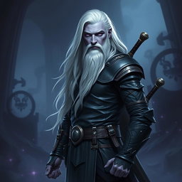 A 35-year-old male Shadar-Kai Hexblade Warlock, embodying a strong and masculine presence with long, flowing white hair and a distinguished short white beard that enhances his character