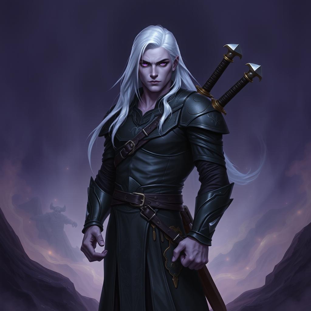 A 35-year-old male Shadar-Kai Hexblade Warlock, showcasing a strong and masculine presence with long, flowing white hair that cascades down his back