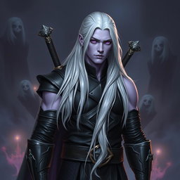 A 35-year-old male Shadar-Kai Hexblade Warlock, showcasing a strong and masculine presence with long, flowing white hair that cascades down his back