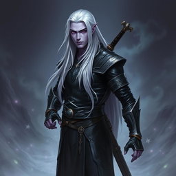 A 35-year-old male Shadar-Kai Hexblade Warlock, showcasing a strong and masculine presence with long, flowing white hair that cascades down his back