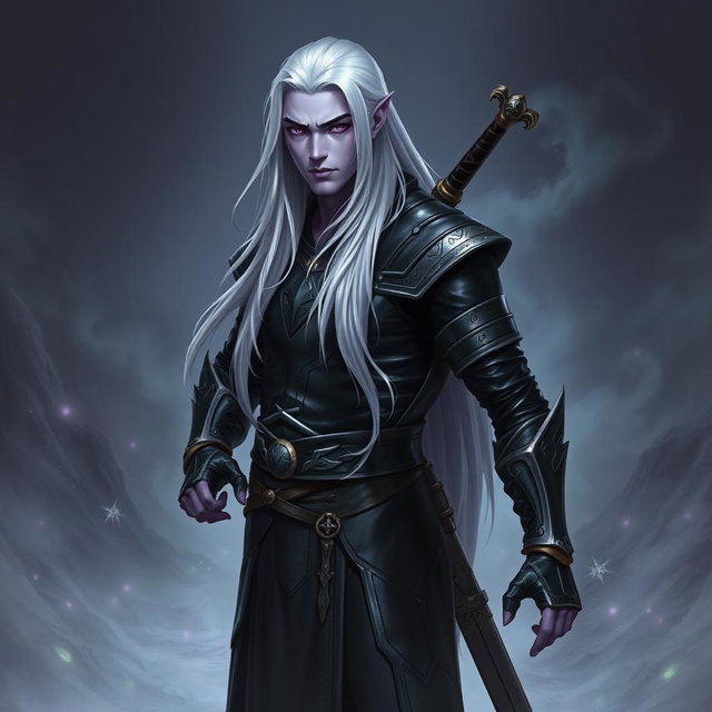 A 35-year-old male Shadar-Kai Hexblade Warlock, showcasing a strong and masculine presence with long, flowing white hair that cascades down his back