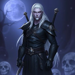 A 35-year-old male Shadar-Kai Hexblade Warlock, showcasing a strong and masculine presence with long, flowing white hair that cascades down his back
