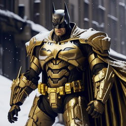 A cinema-quality, dramatically lit photograph of a model-esque, slightly skinnier gold-plated Batman in a detailed mecha suit standing imposingly in serene, falling snow.