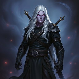 A 35-year-old male Shadar-Kai Hexblade Warlock, showcasing a strong and masculine presence with long white hair that flows elegantly