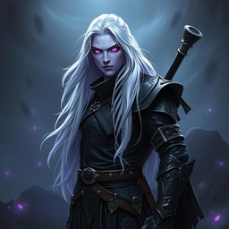 A 35-year-old male Shadar-Kai Hexblade Warlock, showcasing a strong and masculine presence with long white hair that flows elegantly