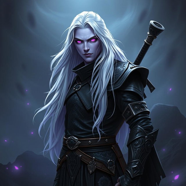 A 35-year-old male Shadar-Kai Hexblade Warlock, showcasing a strong and masculine presence with long white hair that flows elegantly