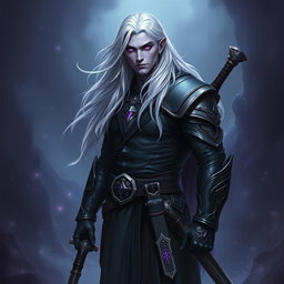 A 35-year-old male Shadar-Kai Hexblade Warlock, showcasing a strong and masculine presence with long white hair that flows elegantly