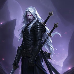A 35-year-old male Shadar-Kai Hexblade Warlock, showcasing a strong and masculine presence with long white hair that flows elegantly