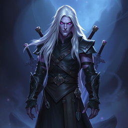 A 35-year-old male Shadar-Kai Hexblade Warlock, exuding a strong and masculine presence