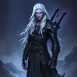 A 35-year-old male Shadar-Kai Hexblade Warlock, exuding a strong and masculine presence