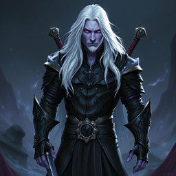 A 35-year-old male Shadar-Kai Hexblade Warlock, exuding a strong and masculine presence