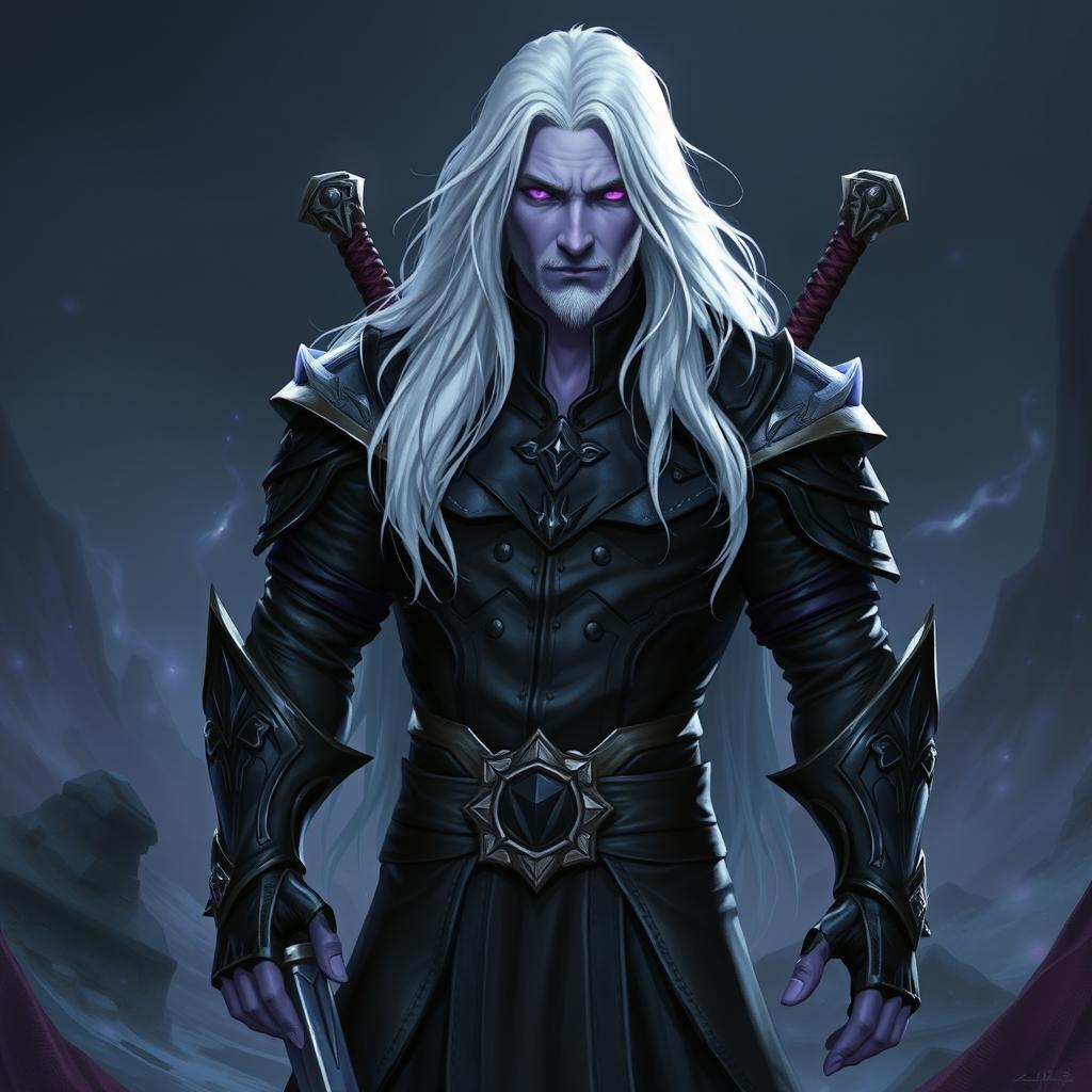 A 35-year-old male Shadar-Kai Hexblade Warlock, exuding a strong and masculine presence