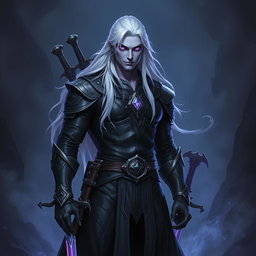 A 35-year-old male Shadar-Kai Hexblade Warlock, exuding a strong and masculine presence