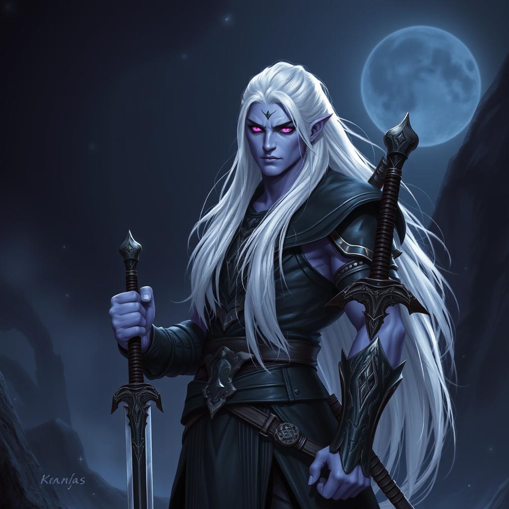 A 35-year-old male Shadar-Kai Hexblade Warlock, embodying a strong and masculine presence