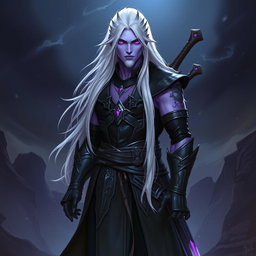 A 35-year-old male Shadar-Kai Hexblade Warlock, embodying a strong and masculine presence