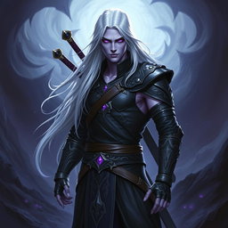 A 35-year-old male Shadar-Kai Hexblade Warlock, embodying a strong and masculine presence