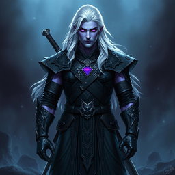 A 35-year-old male Shadar-Kai Hexblade Warlock, embodying a strong and masculine presence