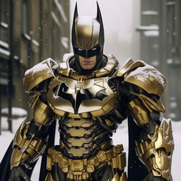 A cinema-quality, dramatically lit photograph of a model-esque, slightly skinnier gold-plated Batman in a detailed mecha suit standing imposingly in serene, falling snow.