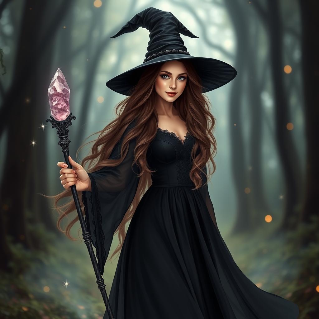 A beautiful witch dressed in a flowing black dress, with gorgeous long hair cascading down her shoulders