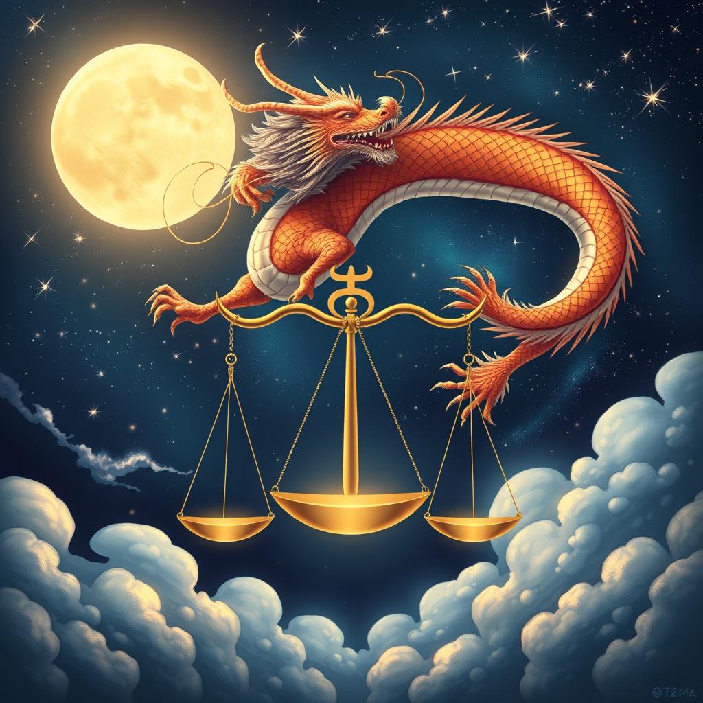 A stunning illustration of the Dragon from the Chinese zodiac intertwined with the Libra zodiac symbol, a beautiful balance of strength and harmony