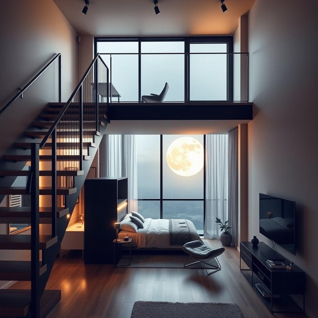 A modern apartment featuring a loft design with a striking innovative staircase leading to the upper level
