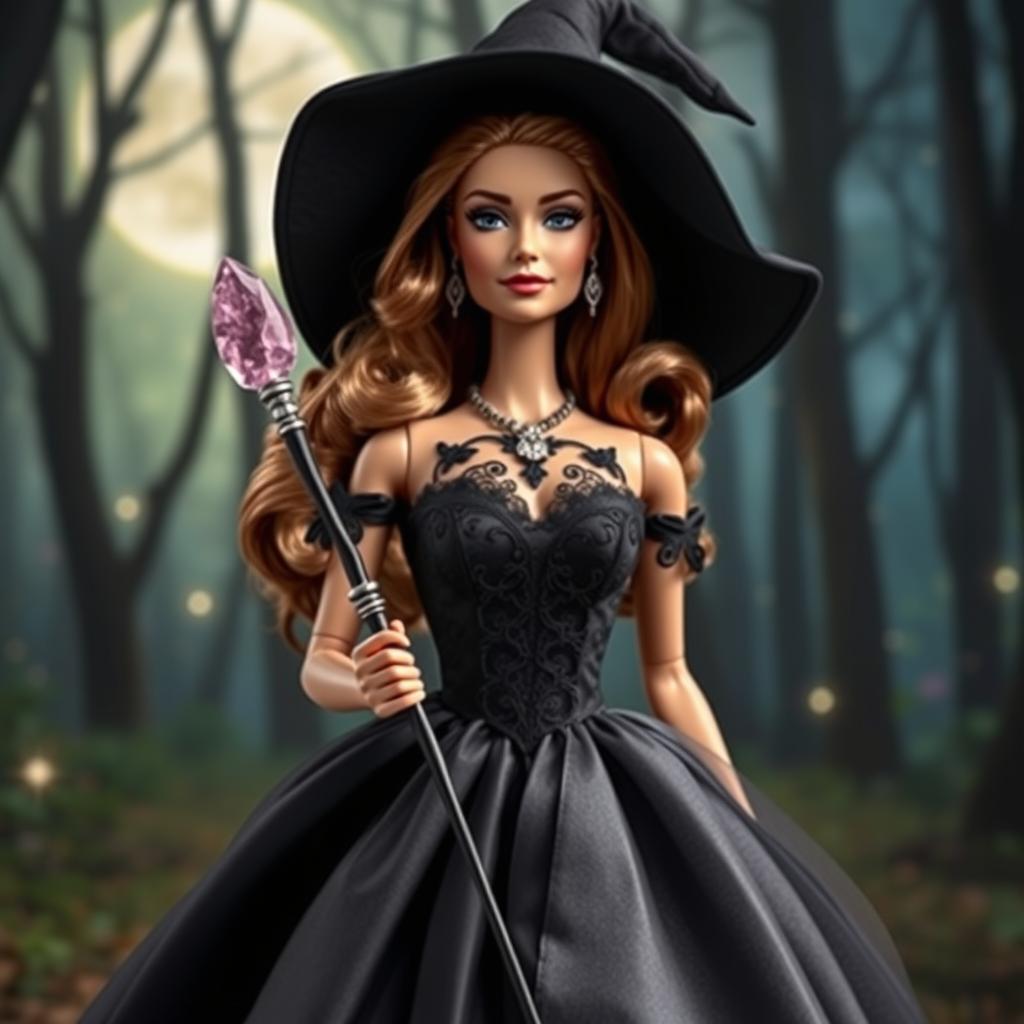 A Barbie doll dressed as a witch, featuring a stunning black dress with flowing fabric and intricate details