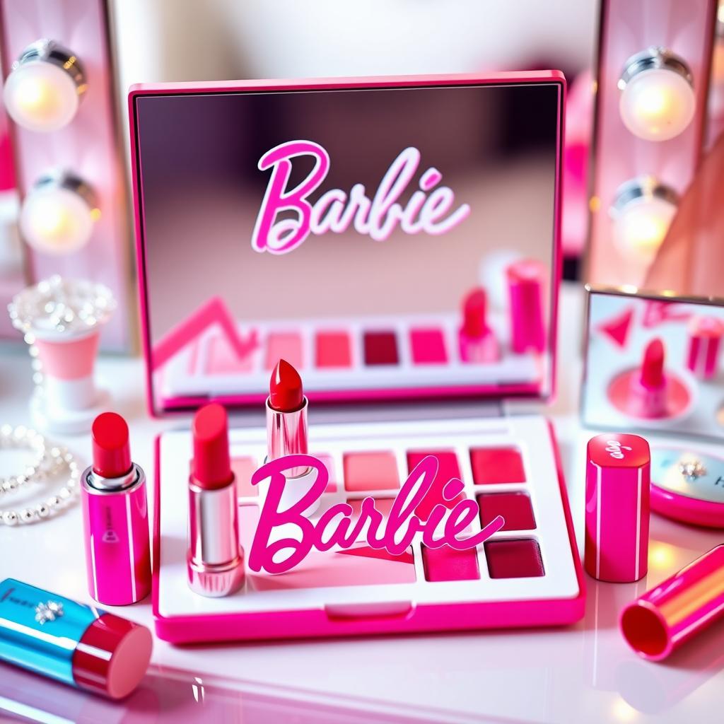 A vibrant and stylish makeup palette designed for Barbie, showcasing a selection of lipsticks in rich red and soft pink shades