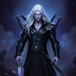 A 35-year-old male Shadar-Kai Hexblade Warlock, embodying a strong and masculine presence with long, flowing white hair that enhances his mysterious allure
