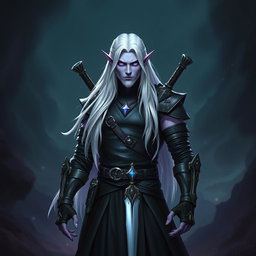 A 35-year-old male Shadar-Kai Hexblade Warlock, embodying a strong and masculine presence with long, flowing white hair that enhances his mysterious allure