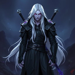 A 35-year-old male Shadar-Kai Hexblade Warlock, embodying a strong and masculine presence with long, flowing white hair that enhances his mysterious allure