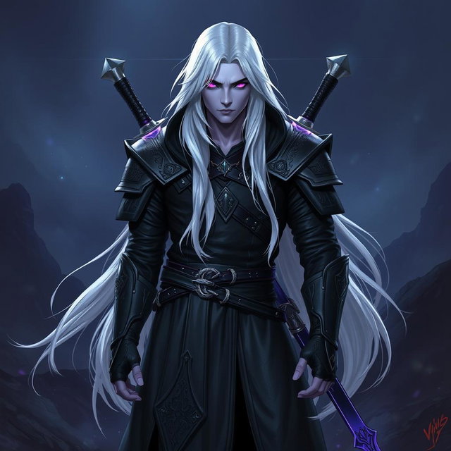 A 35-year-old male Shadar-Kai Hexblade Warlock, embodying a strong and masculine presence with long, flowing white hair that enhances his mysterious allure