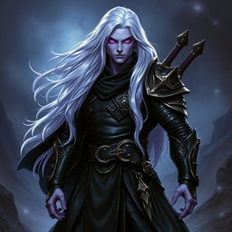 A 35-year-old male Shadar-Kai Hexblade Warlock, embodying a strong and masculine presence with long, flowing white hair that enhances his mysterious allure
