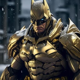 A cinema-quality, dramatically lit photograph of a model-esque, slightly skinnier gold-plated Batman in a detailed mecha suit standing imposingly in serene, falling snow.