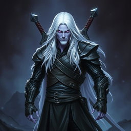 A 35-year-old male Shadar-Kai Hexblade Warlock, showcasing a strong and masculine presence