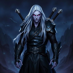 A 35-year-old male Shadar-Kai Hexblade Warlock, showcasing a strong and masculine presence