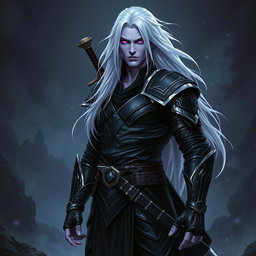A 35-year-old male Shadar-Kai Hexblade Warlock, showcasing a strong and masculine presence
