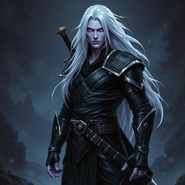 A 35-year-old male Shadar-Kai Hexblade Warlock, showcasing a strong and masculine presence