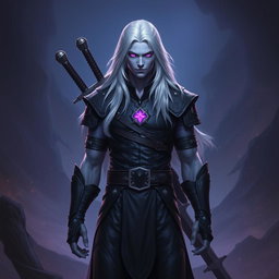 A 35-year-old male Shadar-Kai Hexblade Warlock, showcasing a strong and masculine presence
