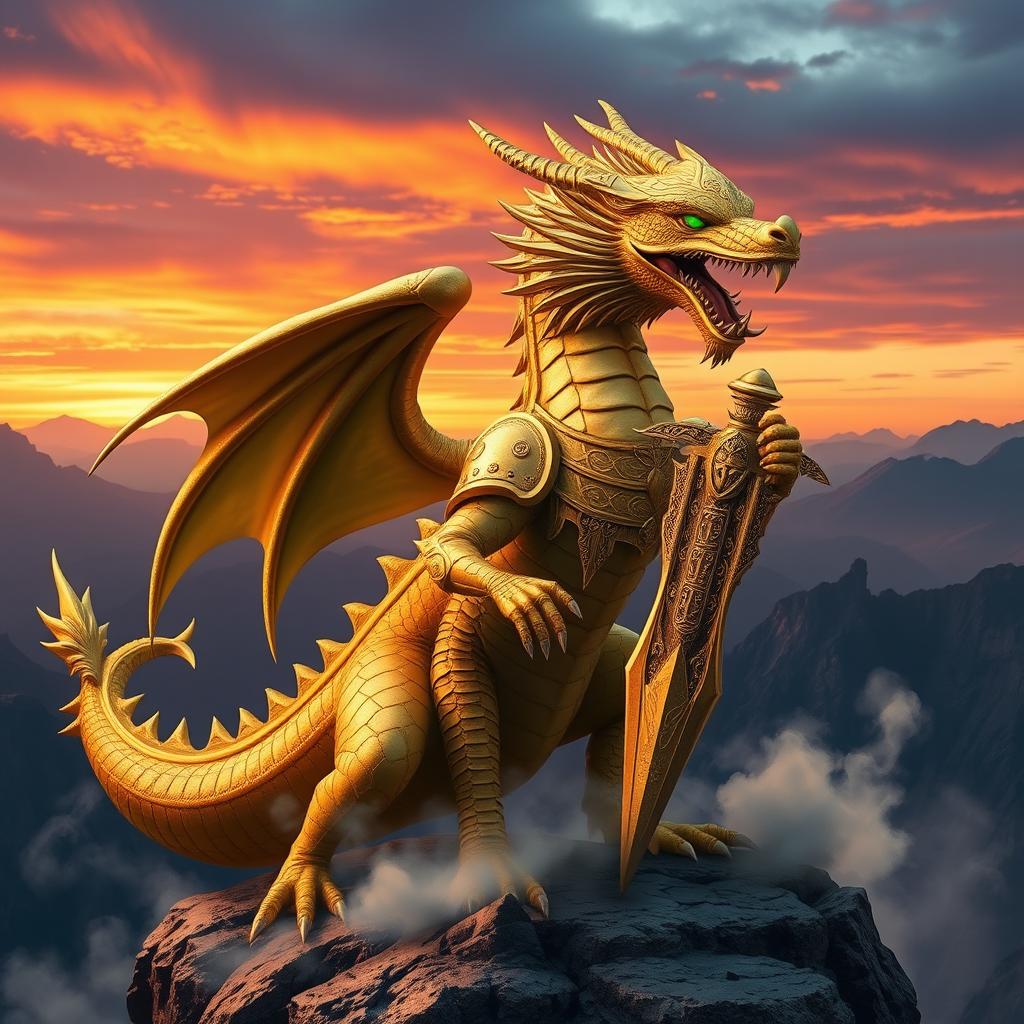 A majestic golden dragon warrior, adorned in intricate armor that shimmers like gold, standing heroically on a rocky cliff