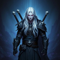 A 35-year-old male Shadar-Kai Hexblade Warlock, showcasing a strong and masculine presence