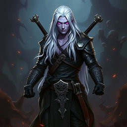 A 35-year-old male Shadar-Kai Hexblade Warlock, showcasing a strong and masculine presence